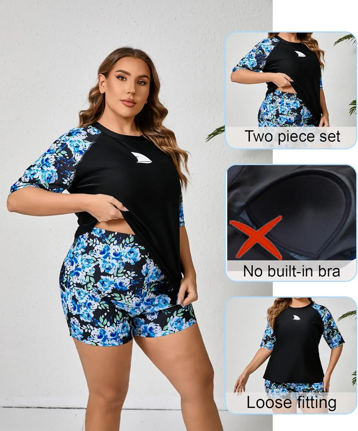 Womens Two Piece Plus Size Short Sleeve Rash Guard Sets Modest Swim Shirts Top and Shorts UPF50  Swimsuit