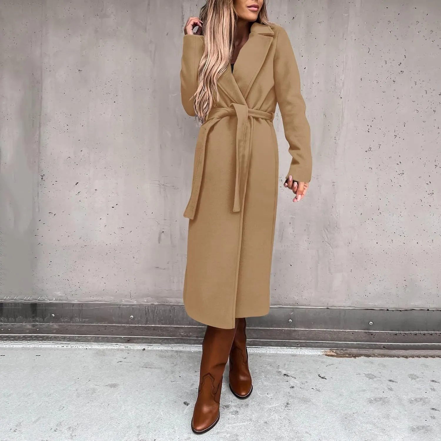 Womens Winter Belted Coats Notch Long Wrap Trench Coat Open Front Maxi Peacoats Thicken Wool Blend Winter Outerwear