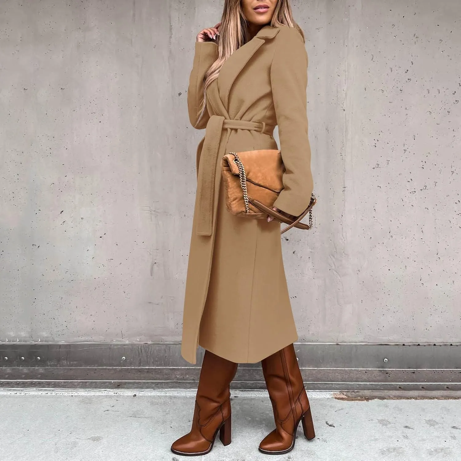 Womens Winter Belted Coats Notch Long Wrap Trench Coat Open Front Maxi Peacoats Thicken Wool Blend Winter Outerwear