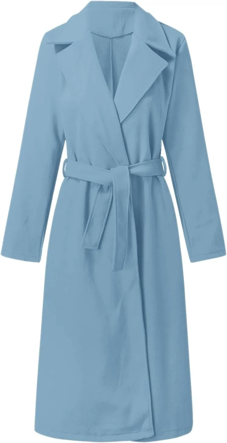 Womens Winter Belted Coats Notch Long Wrap Trench Coat Open Front Maxi Peacoats Thicken Wool Blend Winter Outerwear