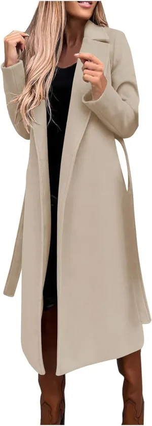 Womens Winter Belted Coats Notch Long Wrap Trench Coat Open Front Maxi Peacoats Thicken Wool Blend Winter Outerwear