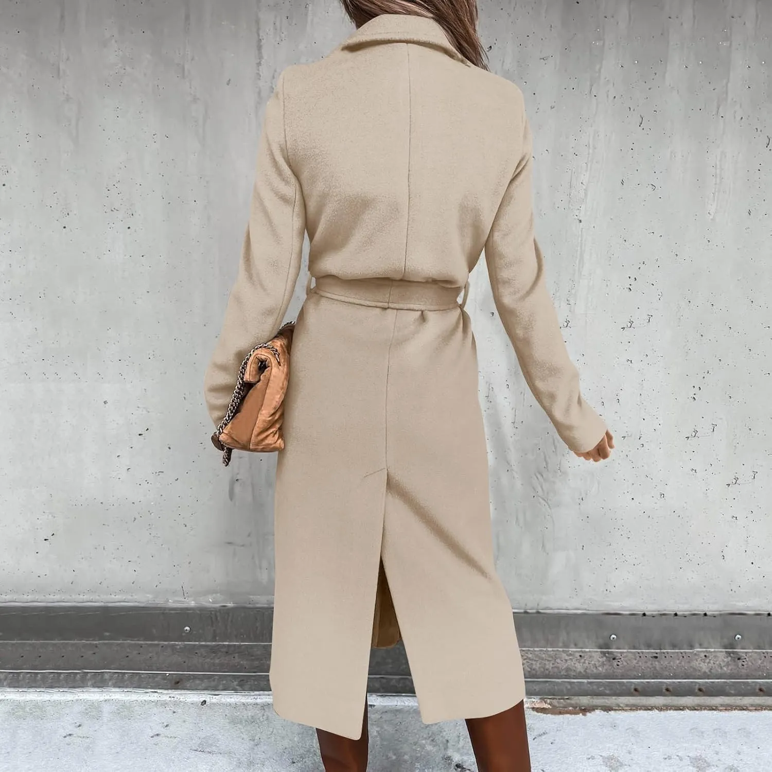 Womens Winter Belted Coats Notch Long Wrap Trench Coat Open Front Maxi Peacoats Thicken Wool Blend Winter Outerwear