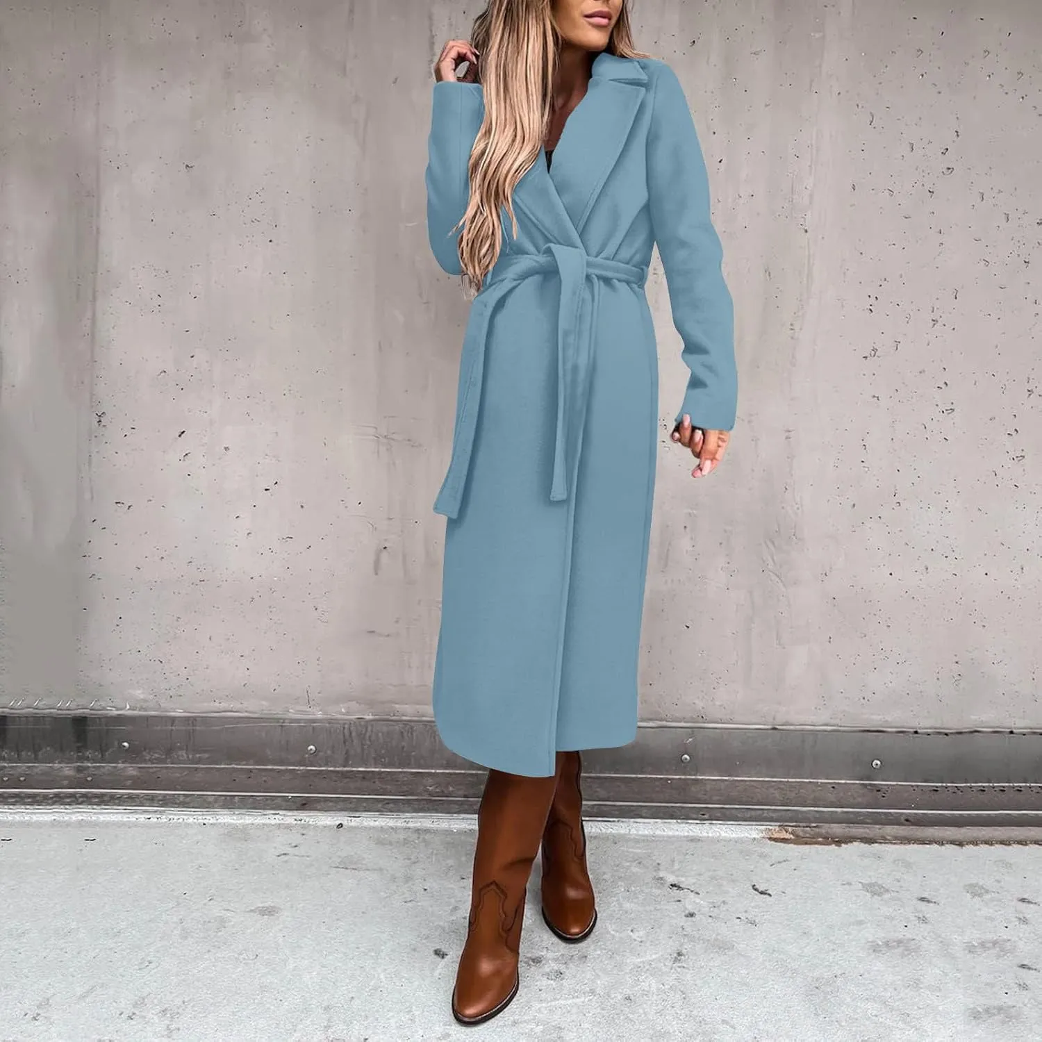 Womens Winter Belted Coats Notch Long Wrap Trench Coat Open Front Maxi Peacoats Thicken Wool Blend Winter Outerwear