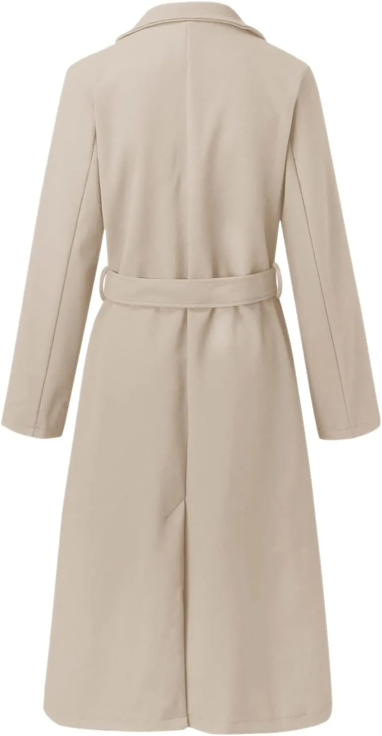 Womens Winter Belted Coats Notch Long Wrap Trench Coat Open Front Maxi Peacoats Thicken Wool Blend Winter Outerwear