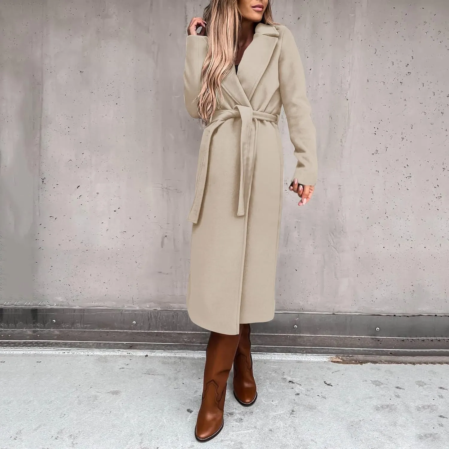 Womens Winter Belted Coats Notch Long Wrap Trench Coat Open Front Maxi Peacoats Thicken Wool Blend Winter Outerwear