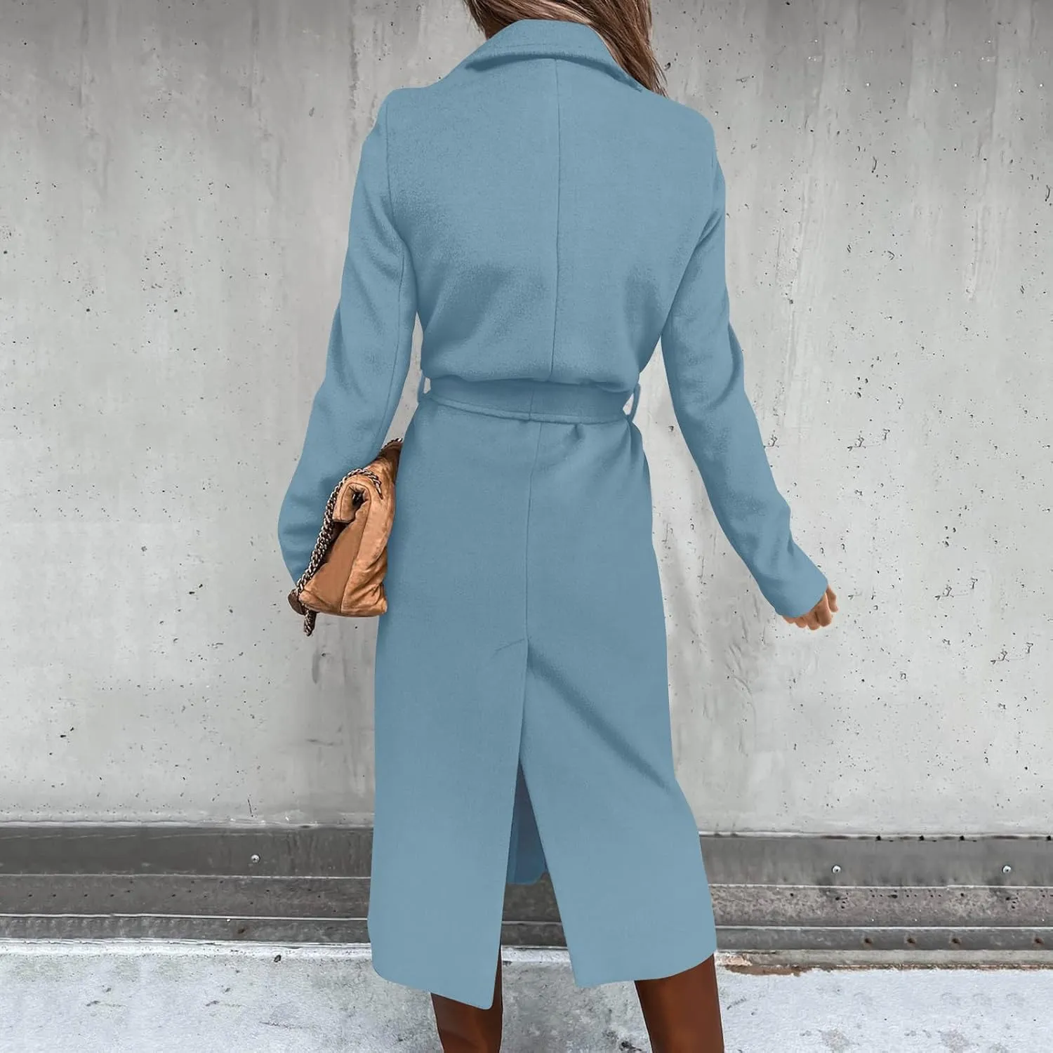 Womens Winter Belted Coats Notch Long Wrap Trench Coat Open Front Maxi Peacoats Thicken Wool Blend Winter Outerwear