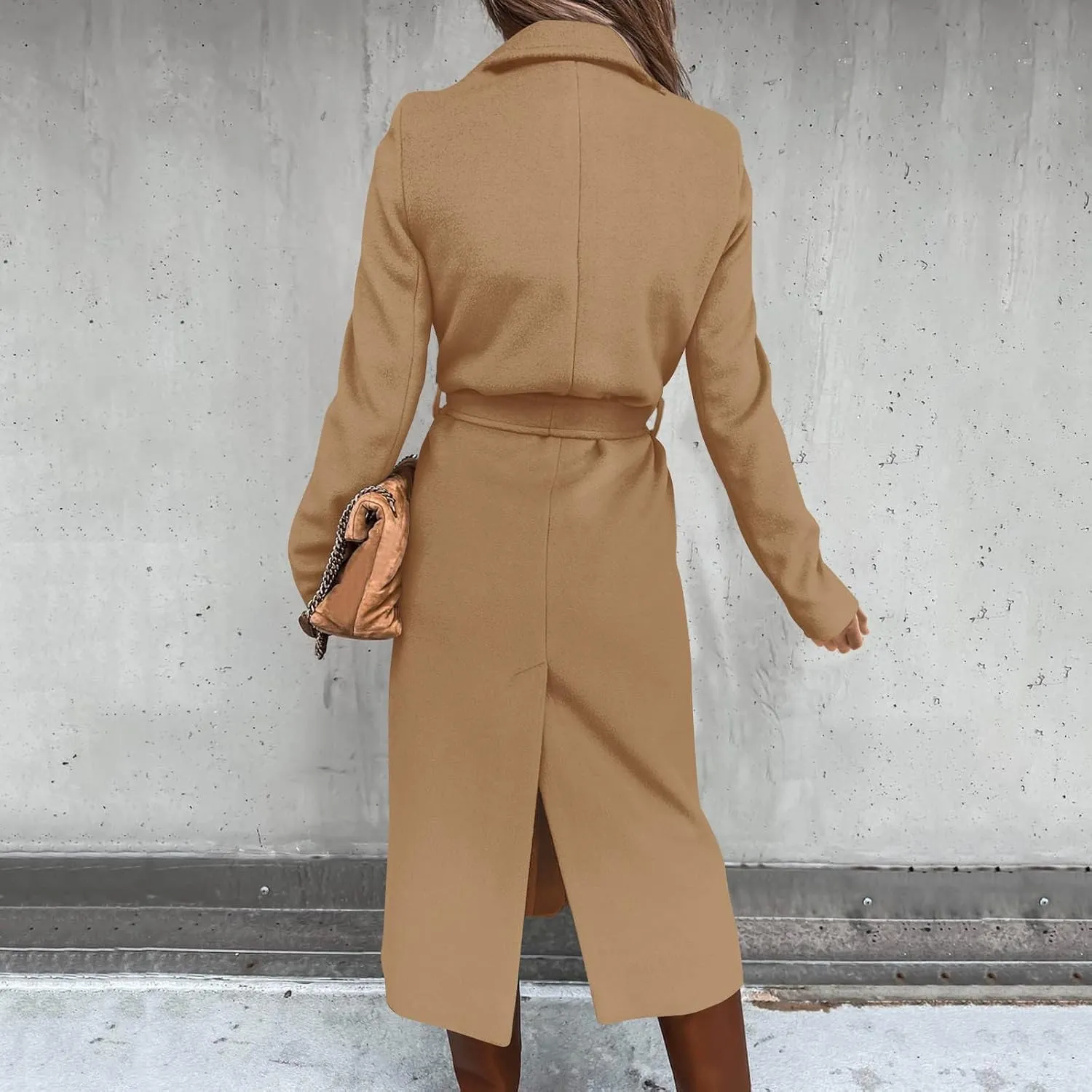 Womens Winter Belted Coats Notch Long Wrap Trench Coat Open Front Maxi Peacoats Thicken Wool Blend Winter Outerwear