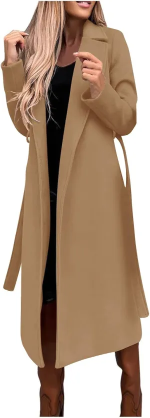 Womens Winter Belted Coats Notch Long Wrap Trench Coat Open Front Maxi Peacoats Thicken Wool Blend Winter Outerwear