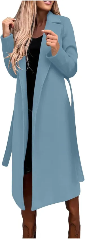 Womens Winter Belted Coats Notch Long Wrap Trench Coat Open Front Maxi Peacoats Thicken Wool Blend Winter Outerwear