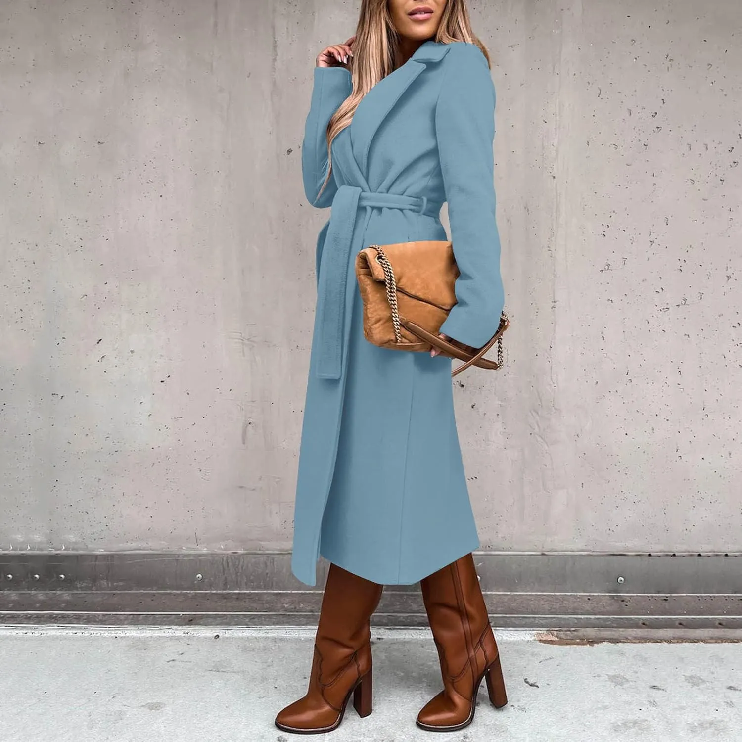 Womens Winter Belted Coats Notch Long Wrap Trench Coat Open Front Maxi Peacoats Thicken Wool Blend Winter Outerwear