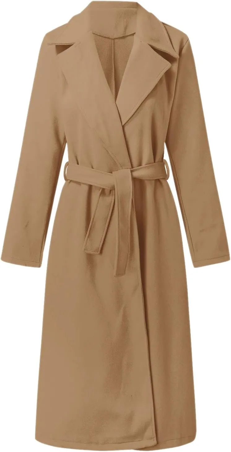 Womens Winter Belted Coats Notch Long Wrap Trench Coat Open Front Maxi Peacoats Thicken Wool Blend Winter Outerwear