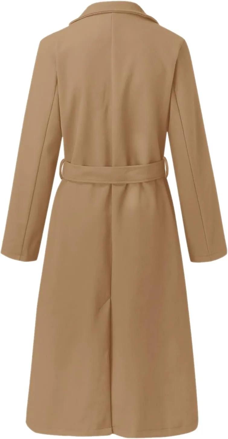 Womens Winter Belted Coats Notch Long Wrap Trench Coat Open Front Maxi Peacoats Thicken Wool Blend Winter Outerwear