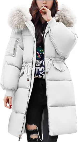 Womens Winter Coats 2024 Thicken Warm Puffer Jackets Long Sleeve Thermal Heavy Down Coat Parka With Faux Fur Hood