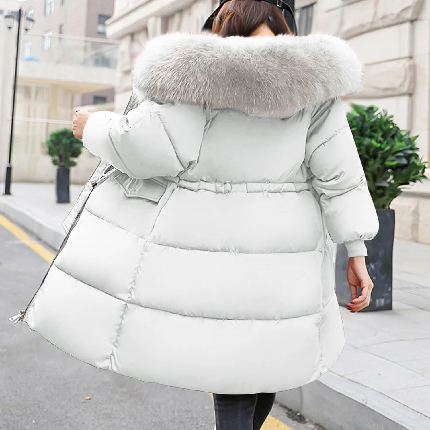 Womens Winter Coats 2024 Thicken Warm Puffer Jackets Long Sleeve Thermal Heavy Down Coat Parka With Faux Fur Hood