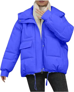 Women's Winter Coats Cropped Puffer Jackets Zip Up Stand Collar Padded Warm Trendy Short Down Jacket Outwear