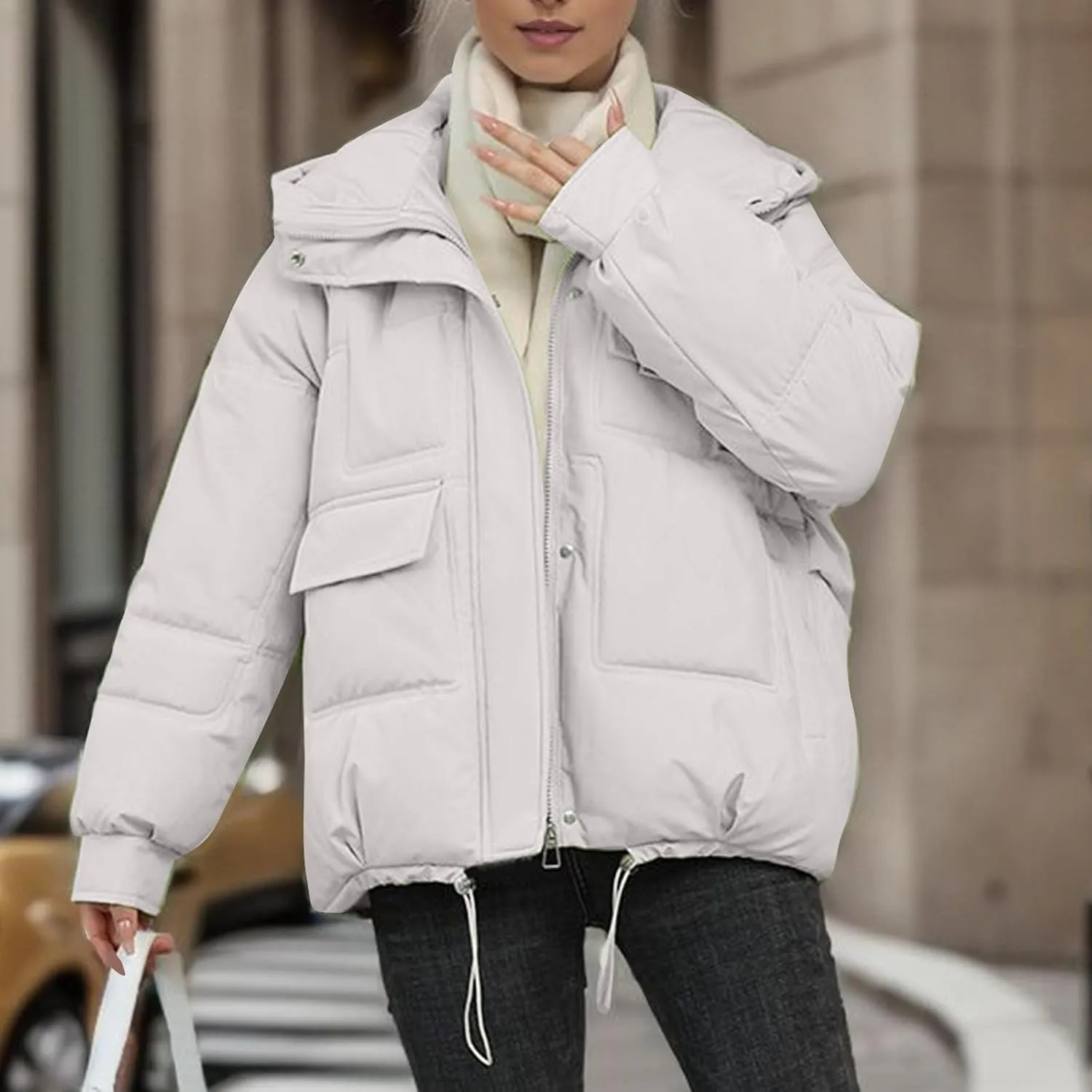 Women's Winter Coats Cropped Puffer Jackets Zip Up Stand Collar Padded Warm Trendy Short Down Jacket Outwear