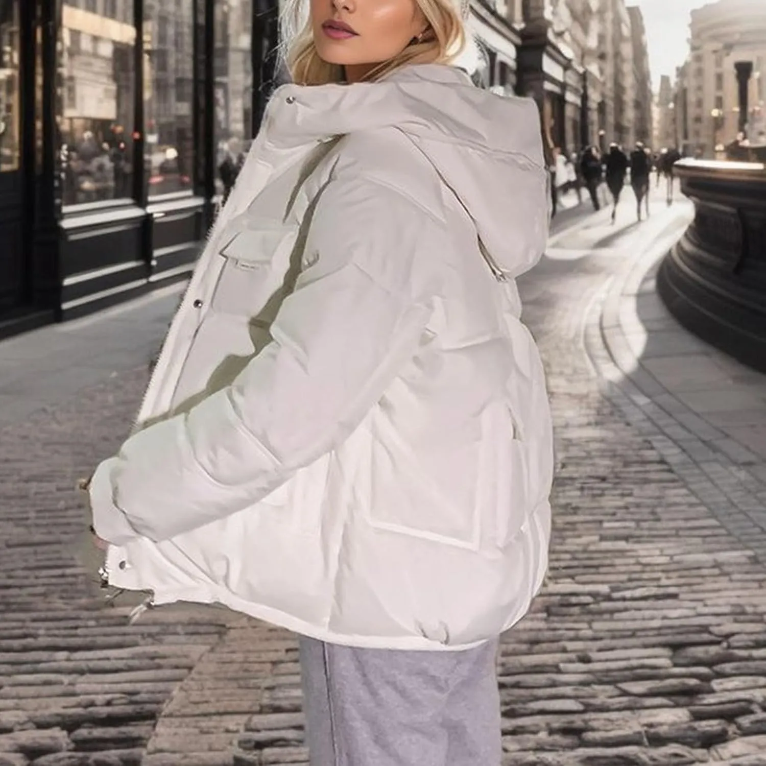 Women's Winter Coats Cropped Puffer Jackets Zip Up Stand Collar Padded Warm Trendy Short Down Jacket Outwear