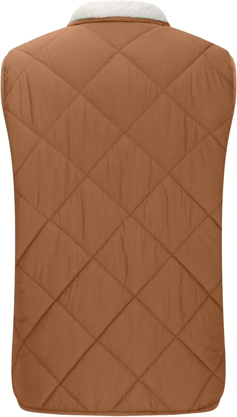 Women's Winter Quilted Vest Sherpa Sherpa Lined Zip Up Puffer Vest Jacket Sleeveless Outerwear Coats with Pockets