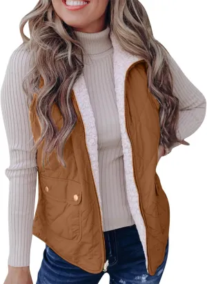 Women's Winter Quilted Vest Sherpa Sherpa Lined Zip Up Puffer Vest Jacket Sleeveless Outerwear Coats with Pockets