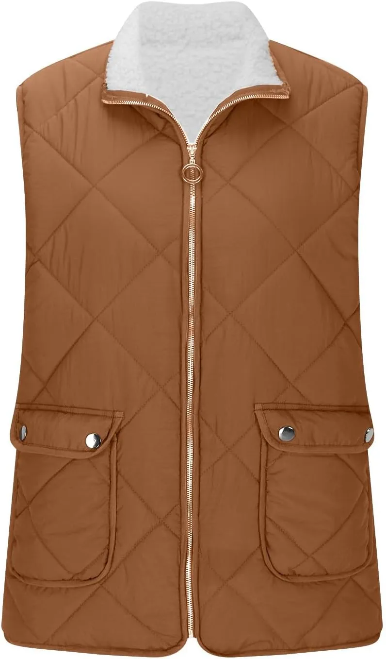 Women's Winter Quilted Vest Sherpa Sherpa Lined Zip Up Puffer Vest Jacket Sleeveless Outerwear Coats with Pockets