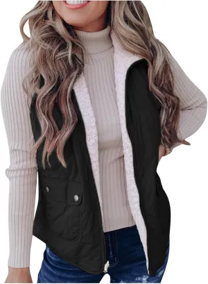 Women's Winter Quilted Vest Sherpa Sherpa Lined Zip Up Puffer Vest Jacket Sleeveless Outerwear Coats with Pockets