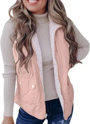 Women's Winter Quilted Vest Sherpa Sherpa Lined Zip Up Puffer Vest Jacket Sleeveless Outerwear Coats with Pockets