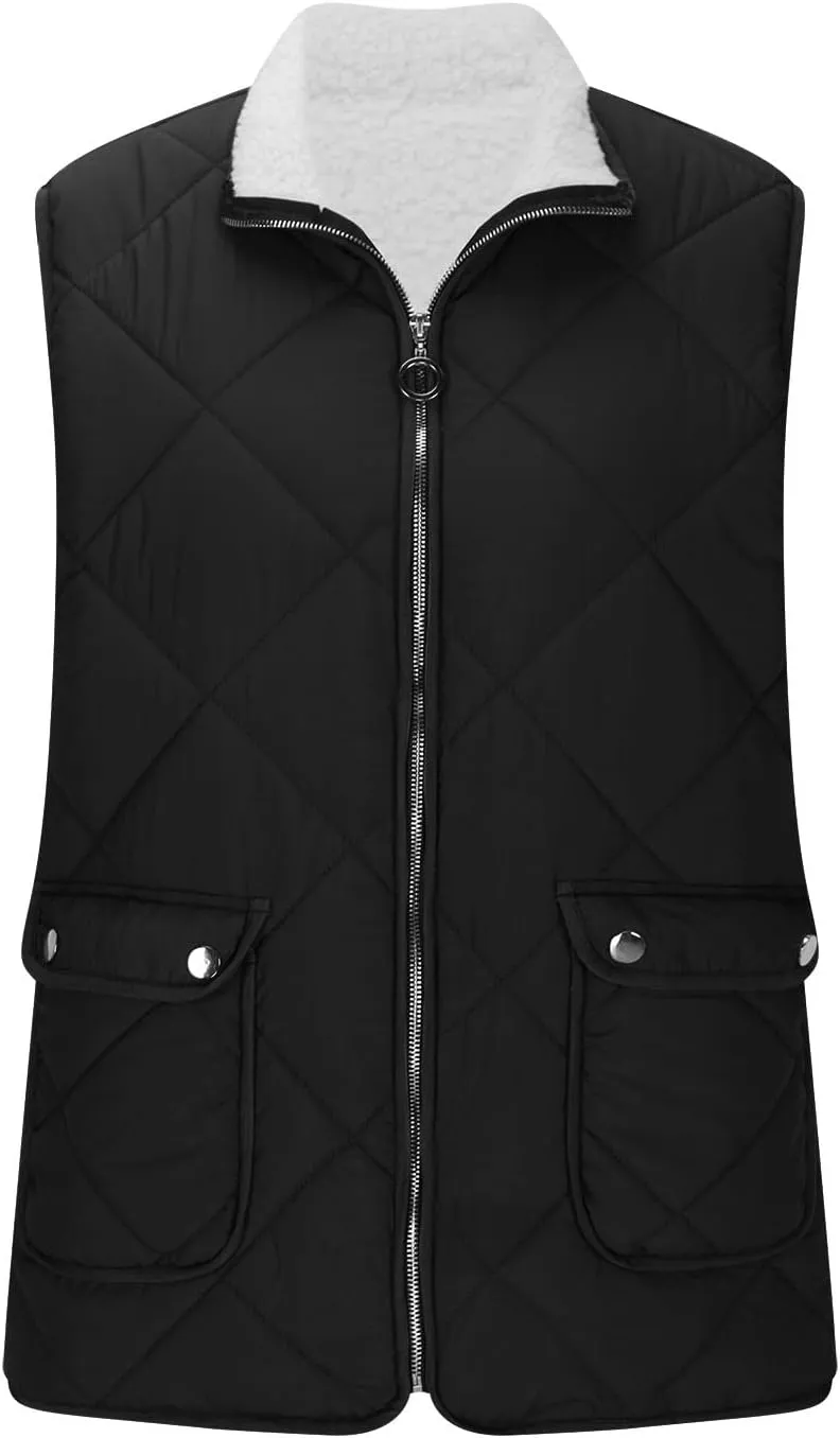 Women's Winter Quilted Vest Sherpa Sherpa Lined Zip Up Puffer Vest Jacket Sleeveless Outerwear Coats with Pockets