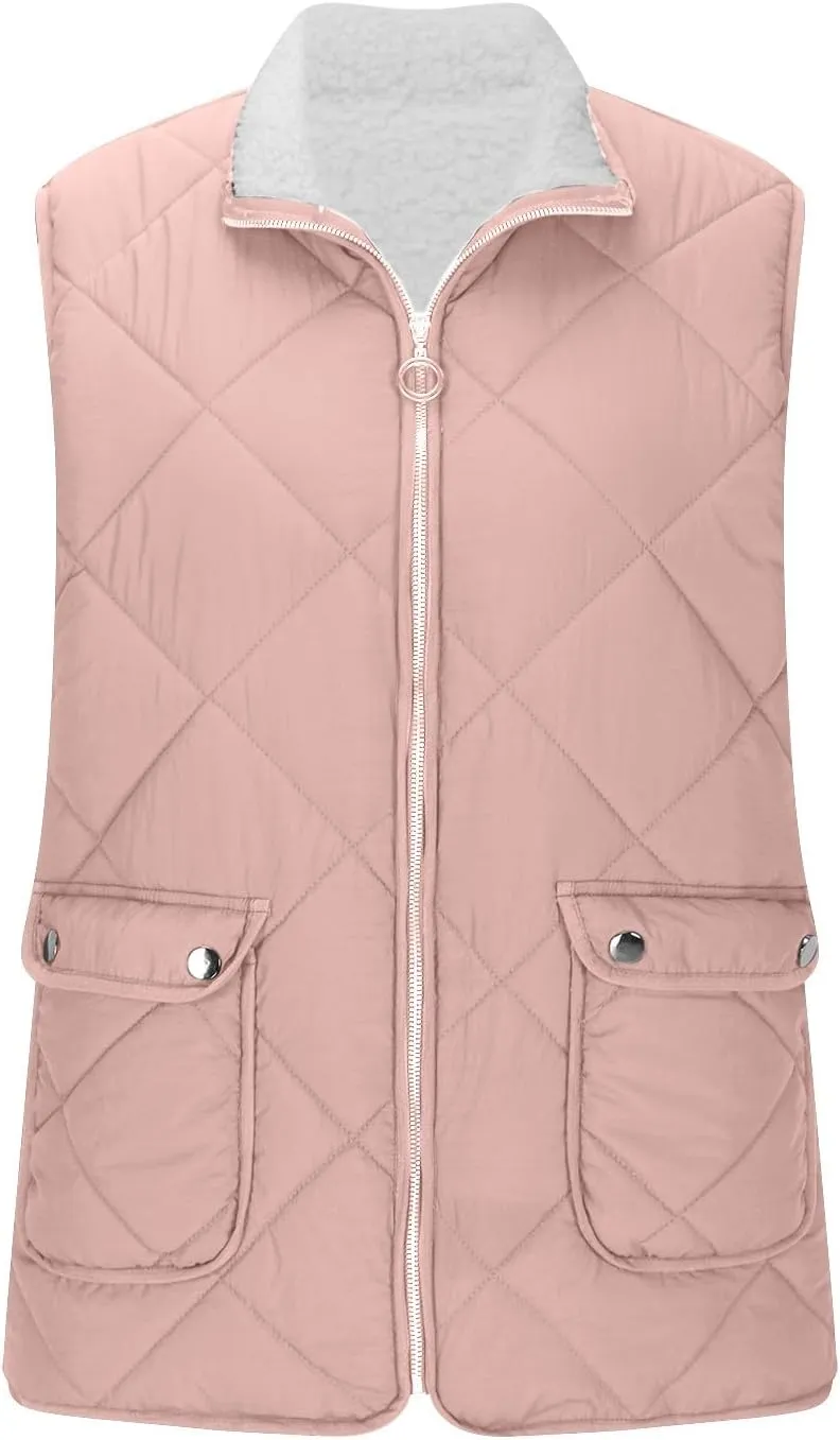 Women's Winter Quilted Vest Sherpa Sherpa Lined Zip Up Puffer Vest Jacket Sleeveless Outerwear Coats with Pockets