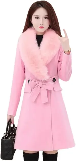 Women's Winter Woolen Coat Fur Collar Wool Blends Jackets Female Windbreakers Outerwear Mujer Coat