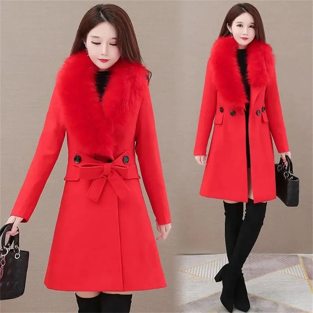 Women's Winter Woolen Coat Fur Collar Wool Blends Jackets Female Windbreakers Outerwear Mujer Coat