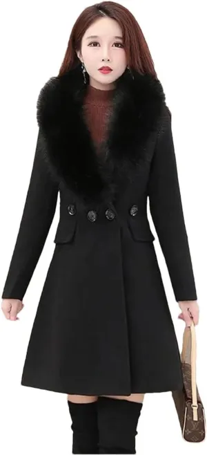 Women's Winter Woolen Coat Fur Collar Wool Blends Jackets Female Windbreakers Outerwear Mujer Coat