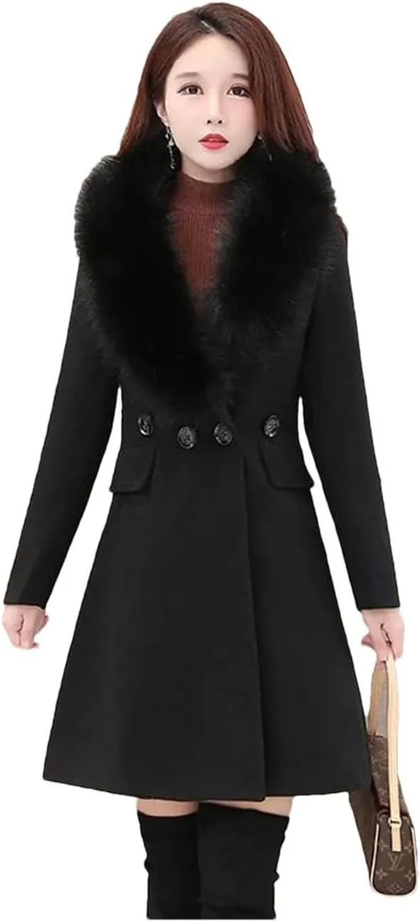 Women's Winter Woolen Coat Fur Collar Wool Blends Jackets Female Windbreakers Outerwear Mujer Coat