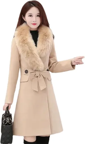 Women's Winter Woolen Coat Fur Collar Wool Blends Jackets Female Windbreakers Outerwear Mujer Coat