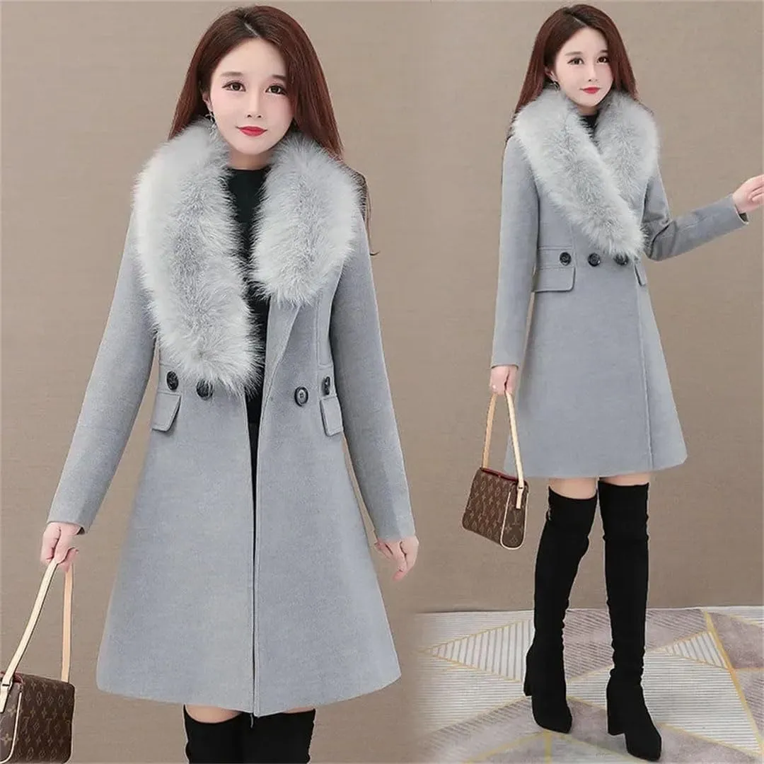 Women's Winter Woolen Coat Fur Collar Wool Blends Jackets Female Windbreakers Outerwear Mujer Coat