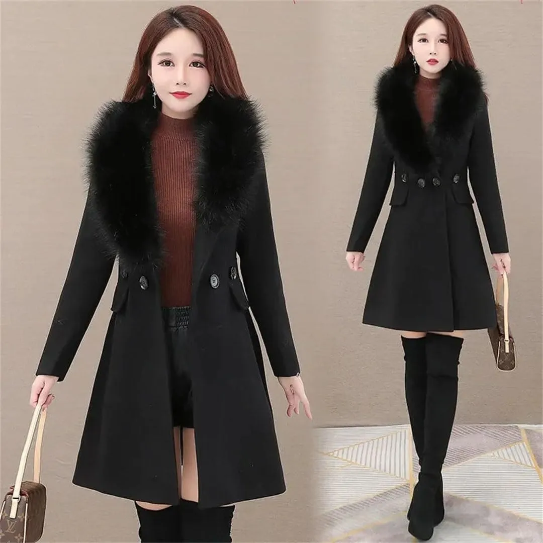 Women's Winter Woolen Coat Fur Collar Wool Blends Jackets Female Windbreakers Outerwear Mujer Coat