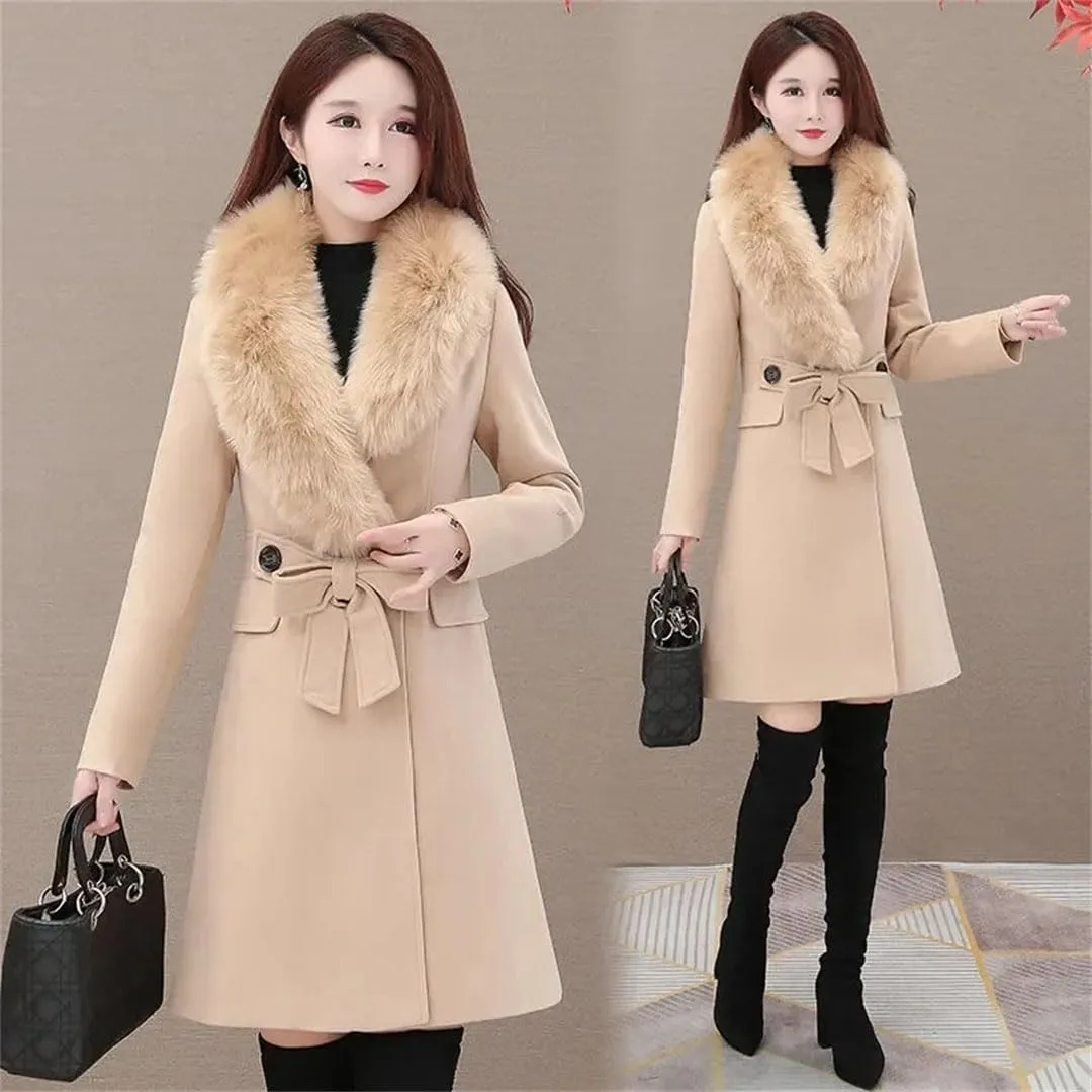 Women's Winter Woolen Coat Fur Collar Wool Blends Jackets Female Windbreakers Outerwear Mujer Coat