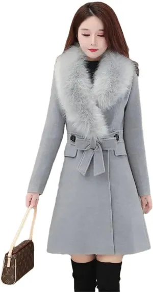 Women's Winter Woolen Coat Fur Collar Wool Blends Jackets Female Windbreakers Outerwear Mujer Coat