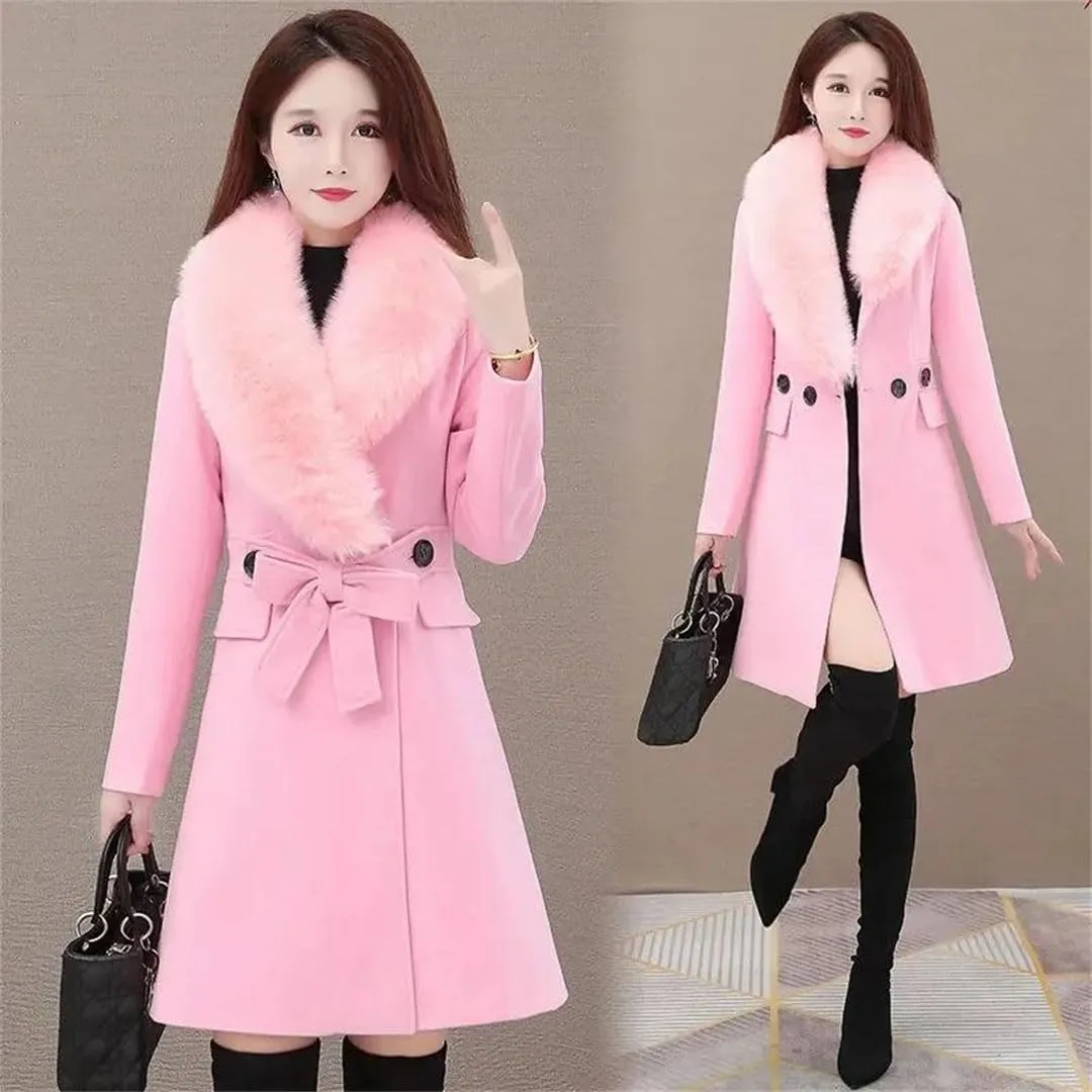 Women's Winter Woolen Coat Fur Collar Wool Blends Jackets Female Windbreakers Outerwear Mujer Coat
