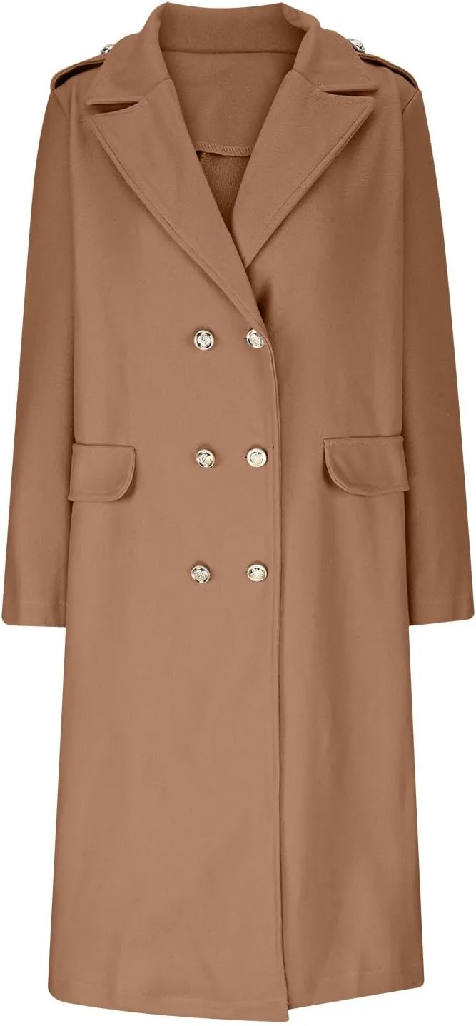 Wool Blend Trench Coat for Women, Fashion Casual Notch Lapel Double Breasted Mid Long Pea Coats Loose Overcoat Jacket