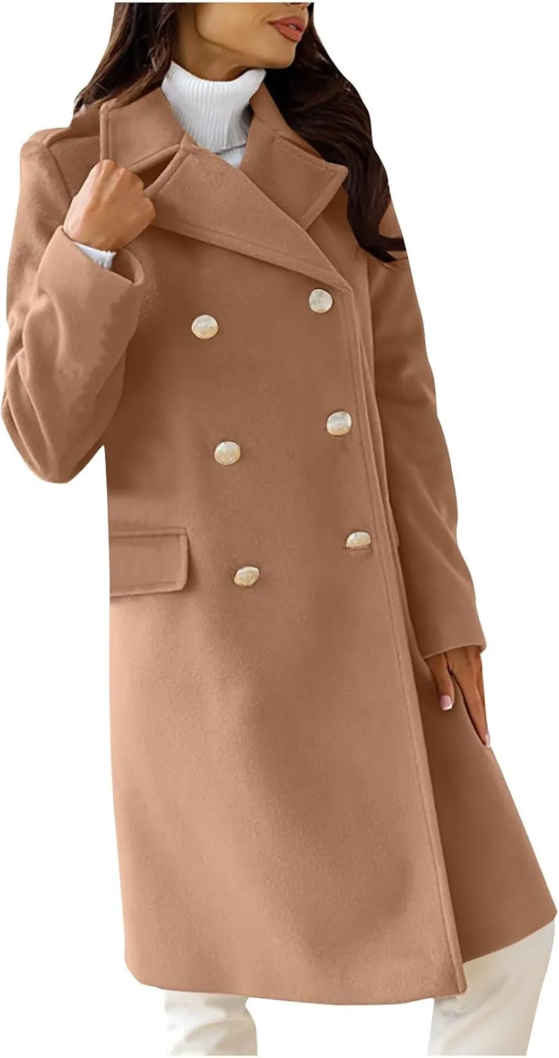 Wool Blend Trench Coat for Women, Fashion Casual Notch Lapel Double Breasted Mid Long Pea Coats Loose Overcoat Jacket
