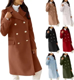 Wool Blend Trench Coat for Women, Fashion Casual Notch Lapel Double Breasted Mid Long Pea Coats Loose Overcoat Jacket