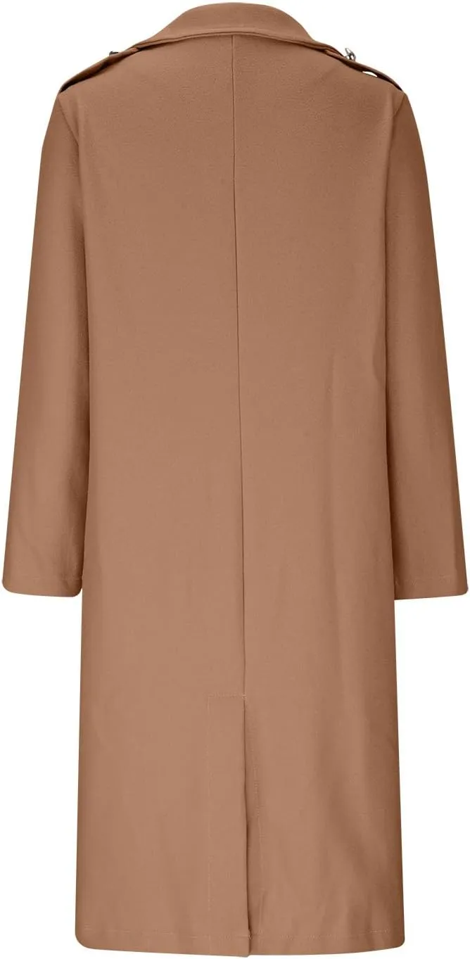 Wool Blend Trench Coat for Women, Fashion Casual Notch Lapel Double Breasted Mid Long Pea Coats Loose Overcoat Jacket