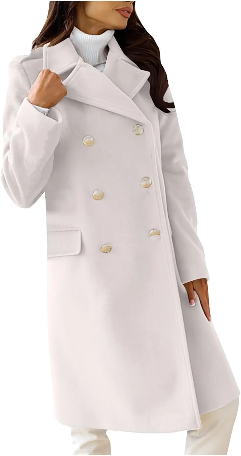 Wool Blend Trench Coat for Women, Fashion Casual Notch Lapel Double Breasted Mid Long Pea Coats Loose Overcoat Jacket