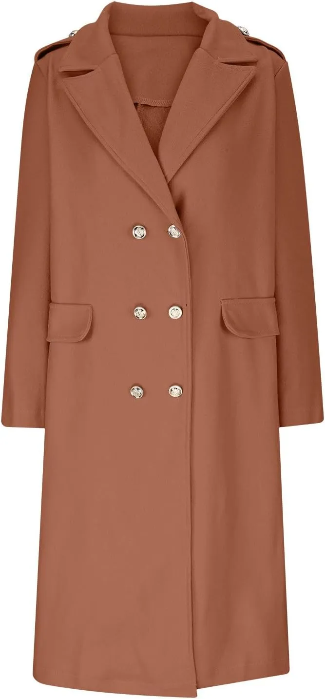 Wool Blend Trench Coat for Women, Fashion Casual Notch Lapel Double Breasted Mid Long Pea Coats Loose Overcoat Jacket
