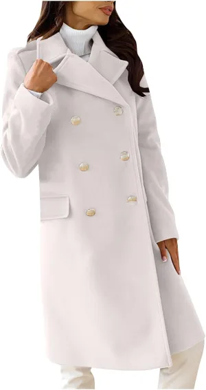 Wool Blend Trench Coat for Women, Fashion Casual Notch Lapel Double Breasted Mid Long Pea Coats Loose Overcoat Jacket