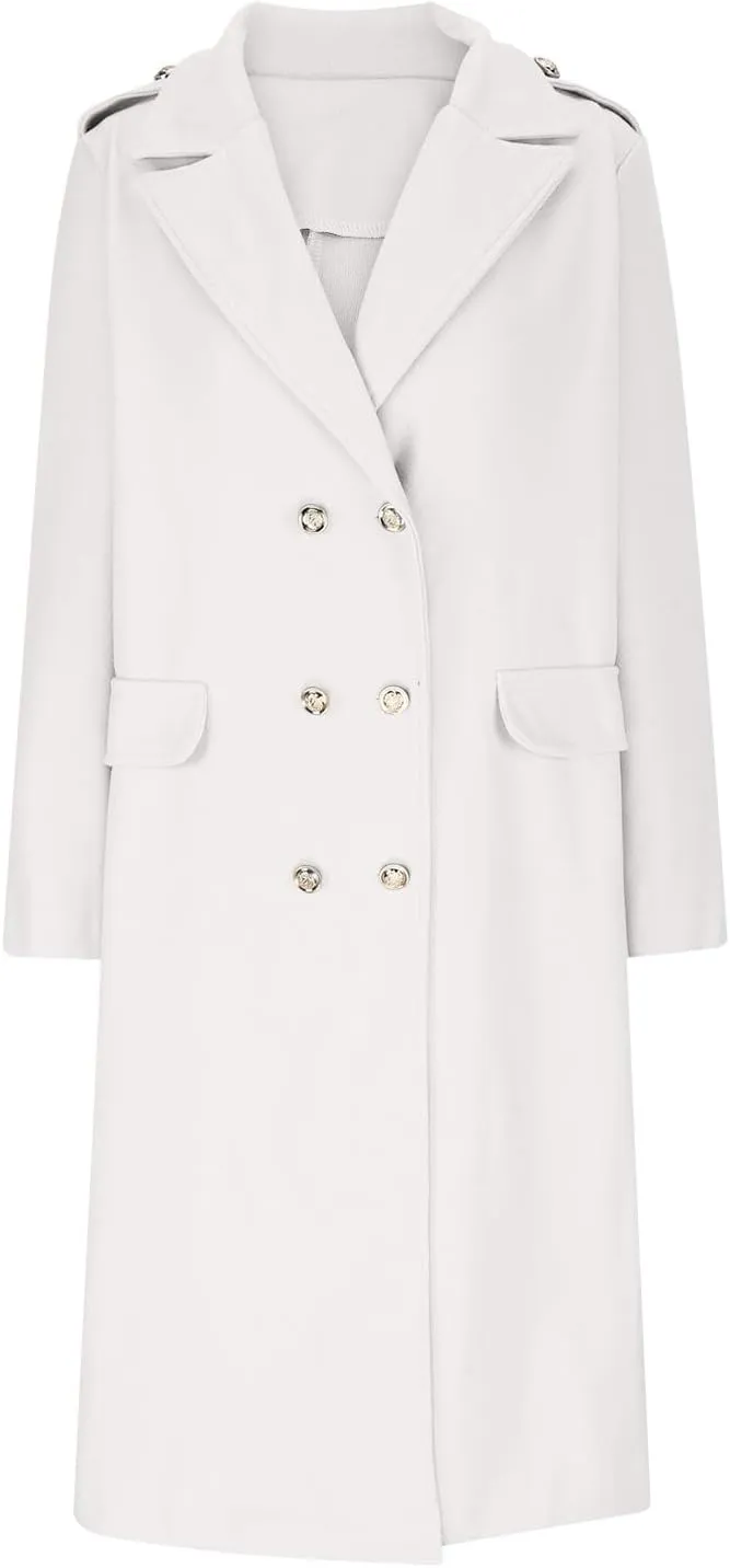Wool Blend Trench Coat for Women, Fashion Casual Notch Lapel Double Breasted Mid Long Pea Coats Loose Overcoat Jacket