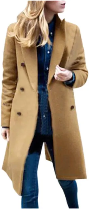 Wool Coats for Women Double Breasted Notch Lapel Peacoat Oversized Long Overcoat 2024 Winter Outerwear with Pockets