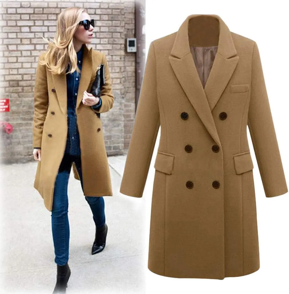 Wool Coats for Women Double Breasted Notch Lapel Peacoat Oversized Long Overcoat 2024 Winter Outerwear with Pockets