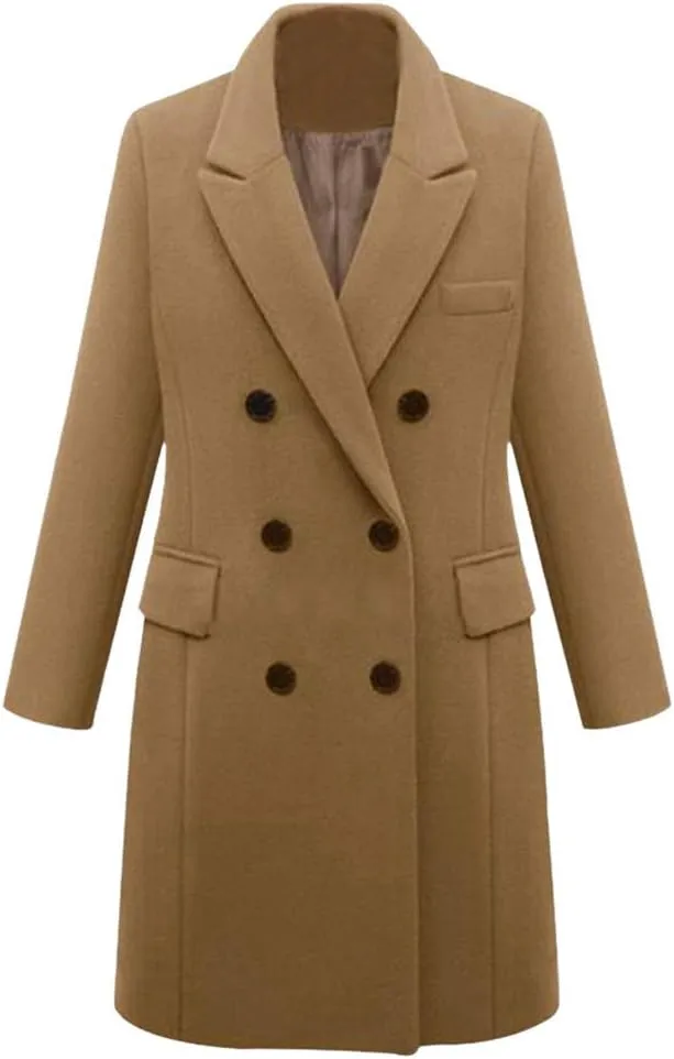 Wool Coats for Women Double Breasted Notch Lapel Peacoat Oversized Long Overcoat 2024 Winter Outerwear with Pockets