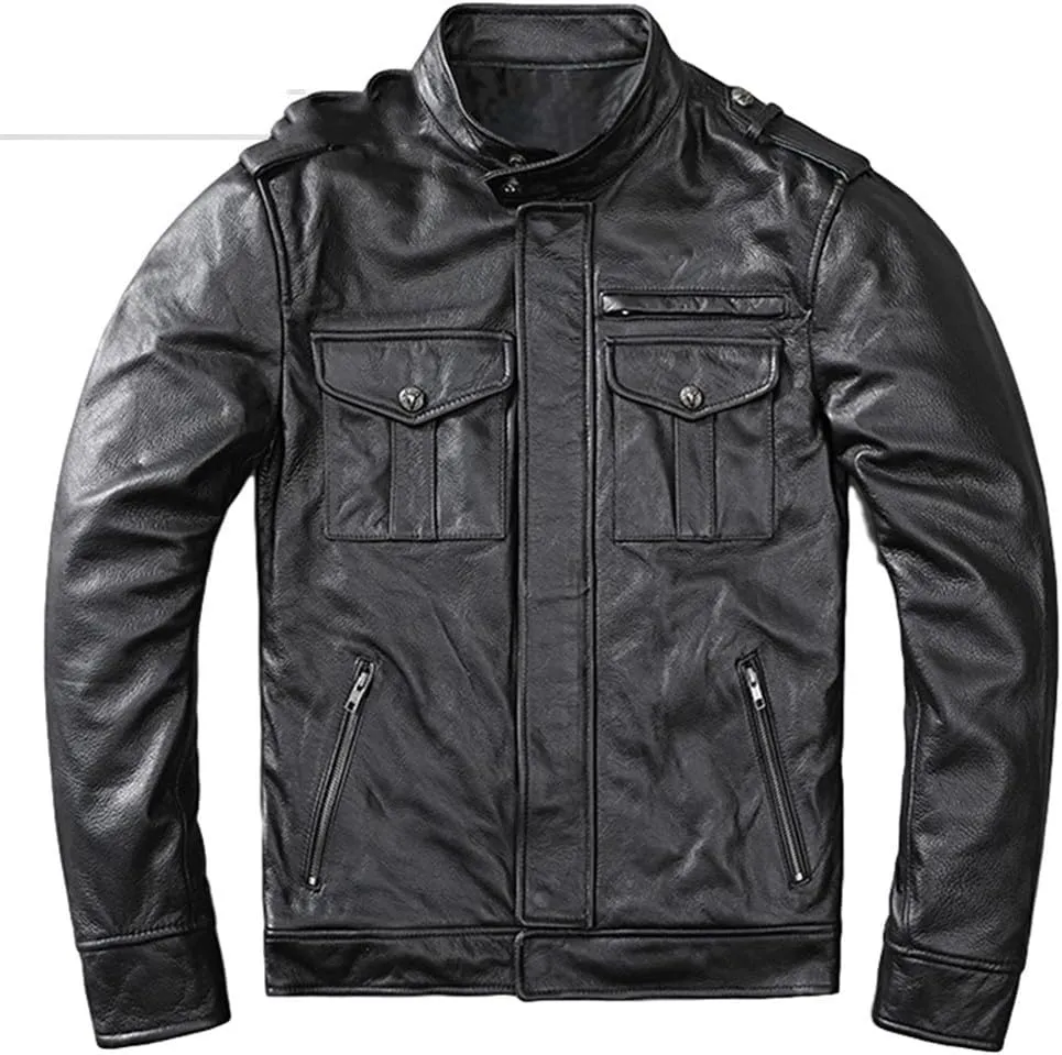Youllyuu Men Genuine Leather Professional Biker Jacket Stand Collar Pockets Motorcycle Jacket Zipper Jacket